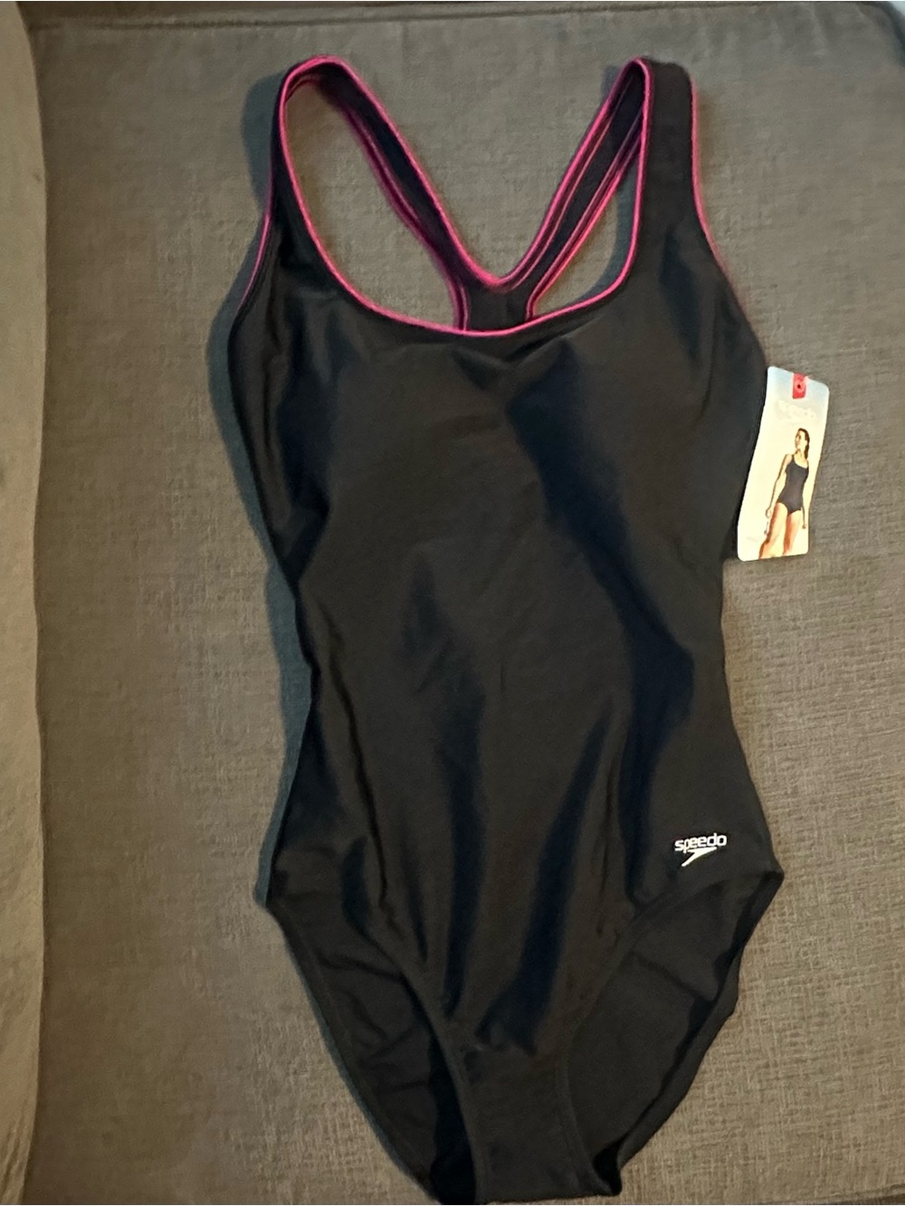 NWT- Speedo Women’s Black and Magenta racerback One-Piece Swimsuit